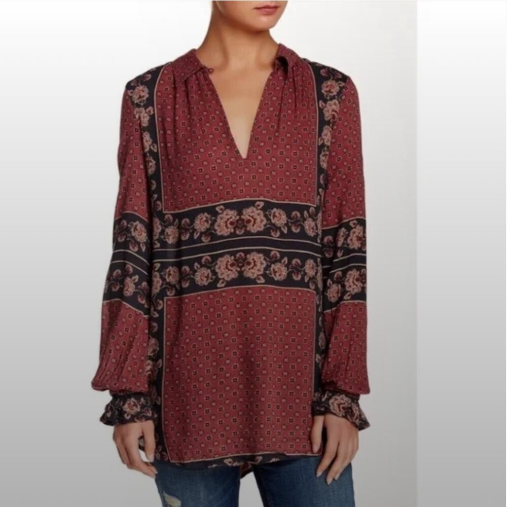 Free People Boho Paisley Peasant Blouse Red Black Tunic Top S